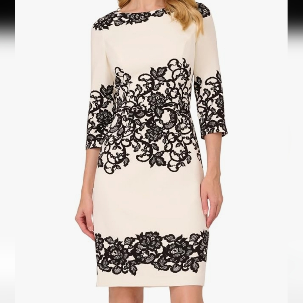 Adrianna PapellPrinted Stretch Boat Neck 3/4 Sleeve Crepe Lace Sheath Dress 4